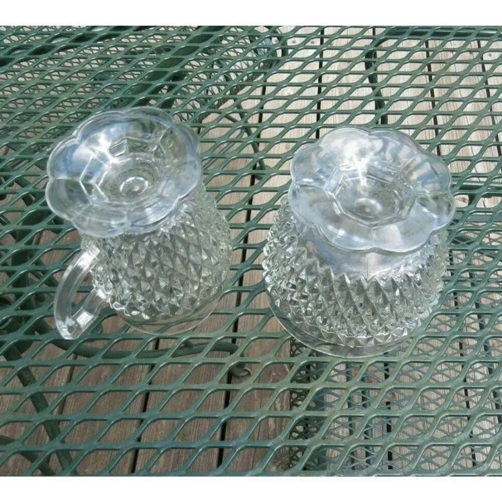 Indiana Glass Diamond Point Crystal Pressed Glass Sugar & Creamer Set Scallop